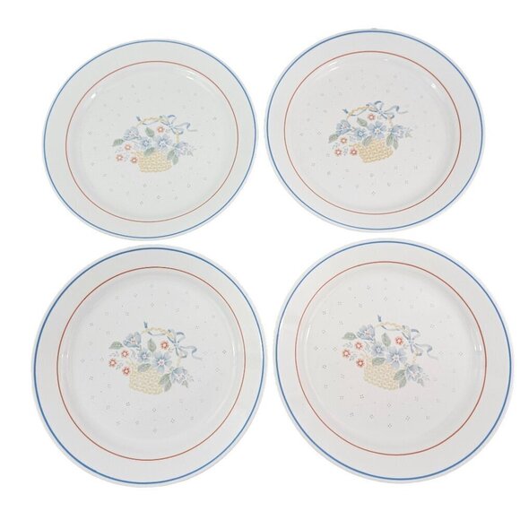 Corelle Country Cornflower Blue Ribbon Basket Dinner Plates - Set of 4 - Picture 1 of 14